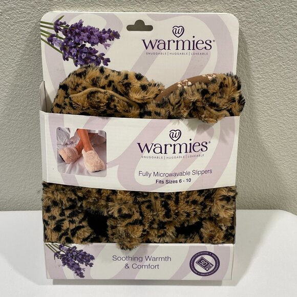 WARMIES Slippers (NWT) Microwaveable Leopard Print Faux Fur Lavender/Flax - 6-10 - Picture 1 of 6